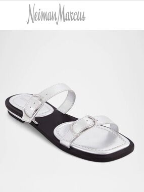 Bernardo 1946 Arta Buckle Metallic Silver Glove Leather Flat Sandals SZ 9